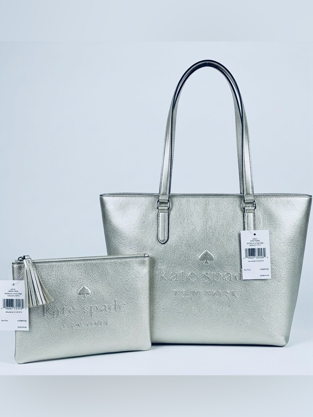 Kate Spade NWT 2-fer Silver Metallic Tote with Matching Pouch $475